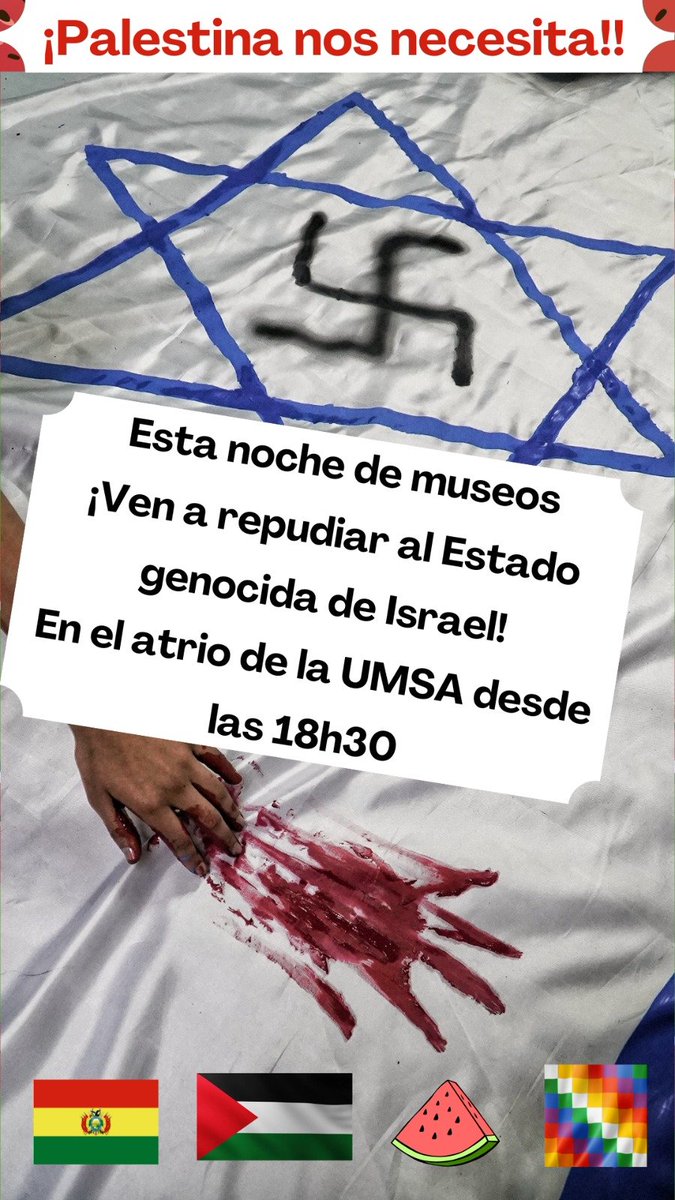 Cada dia en promedio mueren 250 personas en Palestina.
Israel lanza bombas sobre escuelas y hospitales.
Un genocidio esta en curso y debemos denunciarlo.
Esta noche de museos ven a repudiar el Estado genocida de Israel y a apoyar a Palestina.
🍉🇵🇸 ¡Palestina nos necesita! 🇵🇸🍉
