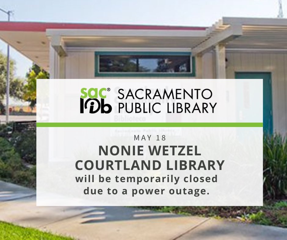 Nonie Wetzel Courtland Library will be temporarily closed Saturday, May 18, due to a power outage. Find a library location near you at saclibrary.org/locations