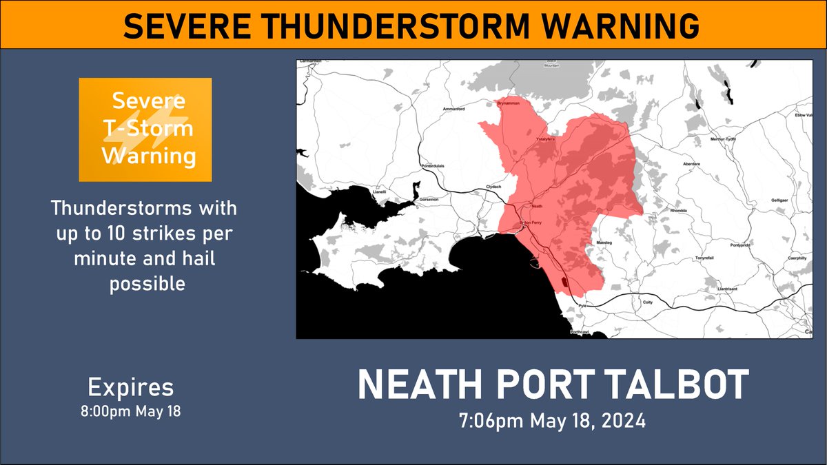 7:06pm May 18
Severe #Thunderstorm Warning for #Neath #PortTalbot until 8:00pm