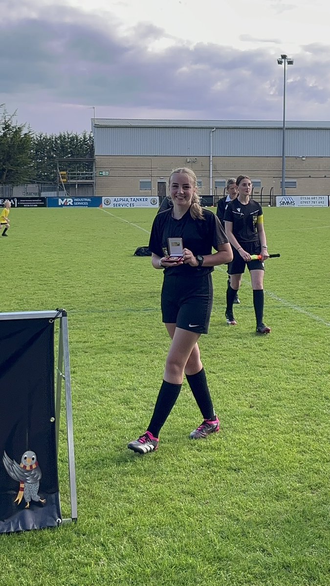 Chlosafine's tweet photo. First season of Lucy refereeing &amp; she has just refereed in a County Cup final. For @NorthantsFA 🏆 What an amazing achievement for a 14 year old. I’m so proud of the strong, assertive young women she is becoming. https://t.co/ivrIjW2OMf