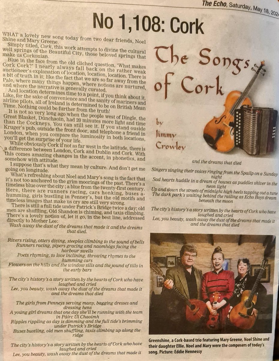 What a lovely honour.Thanks to folk legend,Jimmy Crowley for featuring 'CORK' in his 'The Songs Of Cork' column in today's @echolivecork . It has officially landed into the folklore of the city! @corkbeo @CorkFolkFest 'CORK' will be available on greenshine.bandcamp.com on 22 May.