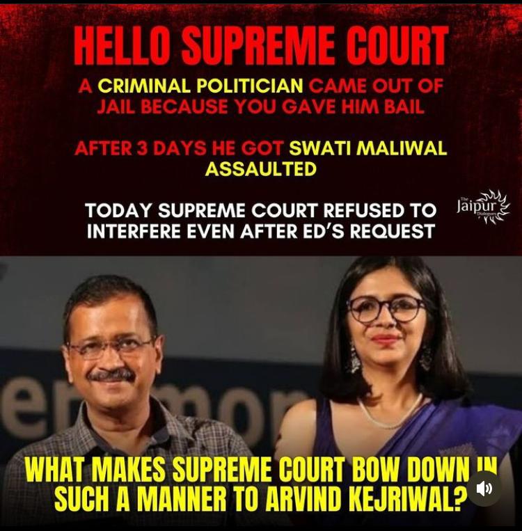 Respected #SupremeCourtOfIndia and Hon'ble #JusticeSanjivKhanna & #JusticeDeepankarDutta can you justify your actions of granting bail to @ArvindKejriwal who is kingpin in @SwatiJaiHind Maliwal assault case?