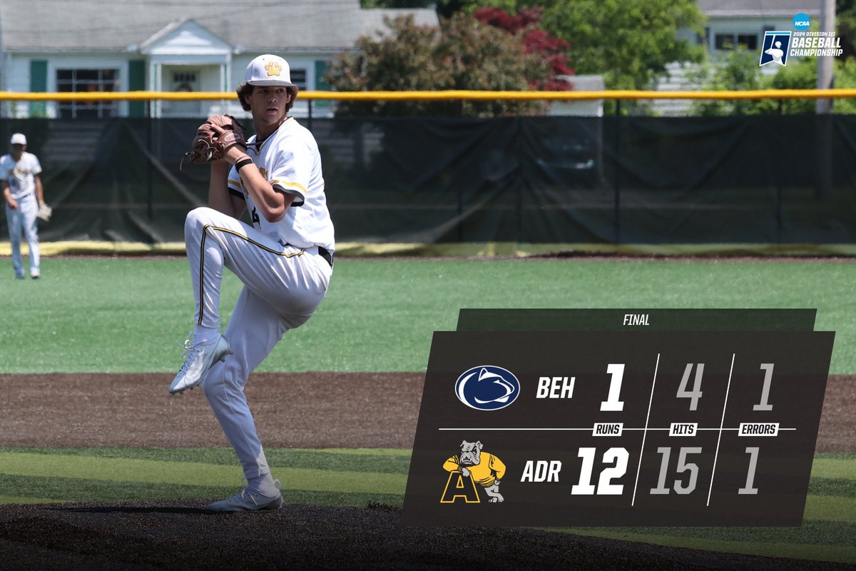 DAWGS WIN! Bulldogs advance to the Regional Championship game on Sunday after a 12-1 victory! Adrian will play the winner of Catholic and Penn State Behrend

#d3baseball