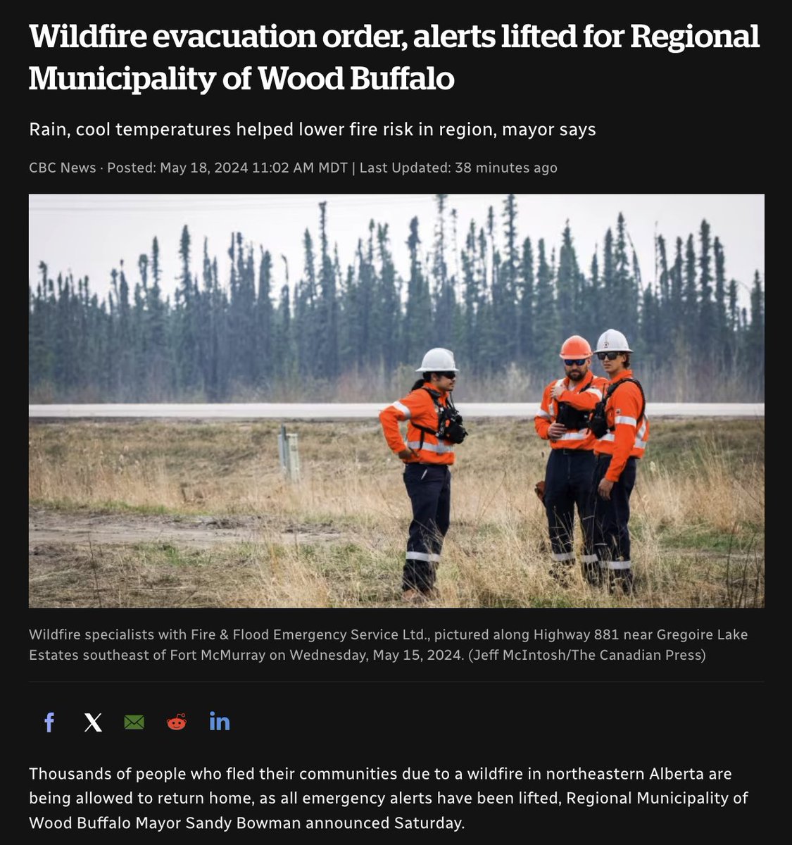 Evacuation order lifted in Northern Alberta.

It turns out that single digit temperatures and constant rain are not compatible with 'wildfires'.

Speaking of 'wildfires', I look forward to hearing the results of the investigation into who or what started this particular fire. 🤔