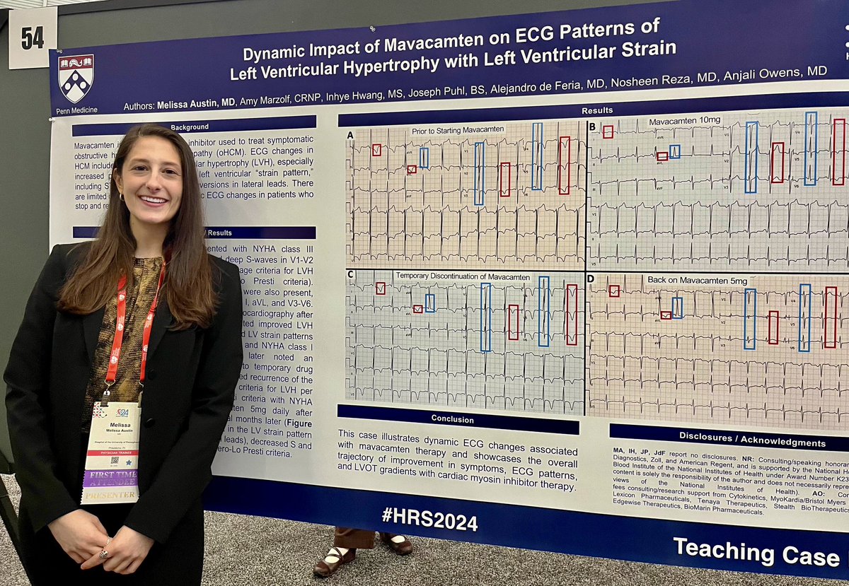 Quick trip up to Boston on my CCU rotation day off to attend #HRS2024 and present an interesting case of dynamic ECG patterns of LVH/LV strain in a HCM patient who started, discontinued and then restarted mavacamten. @noshreza @tikuowens