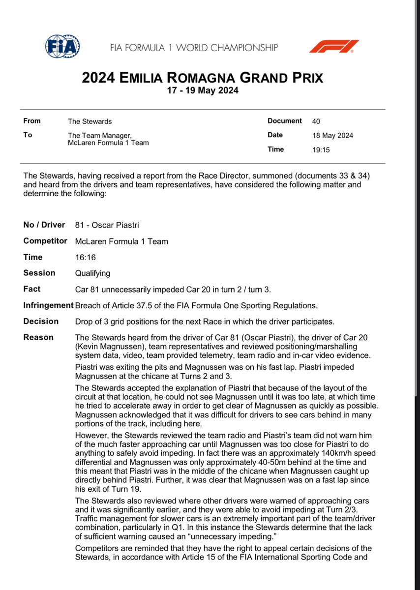 robertofunoat's tweet photo. Come ampiamente previsto @OscarPiastri ha pagato a caro prezzo l’impeding su @KevinMagnussen subendo una penalità di 3 posizioni. Le Ferrari avanzano in seconda fila proprio davanti alla @McLarenF1 del pilota Australiano #F1 #imolaGP #StartingGrid #Piastri #Magnussen #Impeding https://t.co/HOaceaBX1J