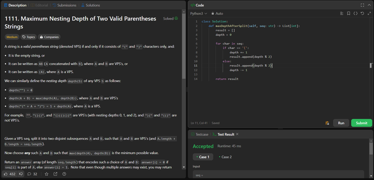akhand_4795's tweet photo. Day of 50 my '60 Day DSA Challenge' complete!
Today's challenges tackled on LeetCode:

1. Problem No. 979 - Distribute Coins in Binary Tree
2. Problem No. 1111 - Maximum Nesting Depth of Two Valid Parentheses Strings

#60DayDSAChallenge #Python #LeetCode #DataStructures #Day50 https://t.co/PwqNo1j7nJ