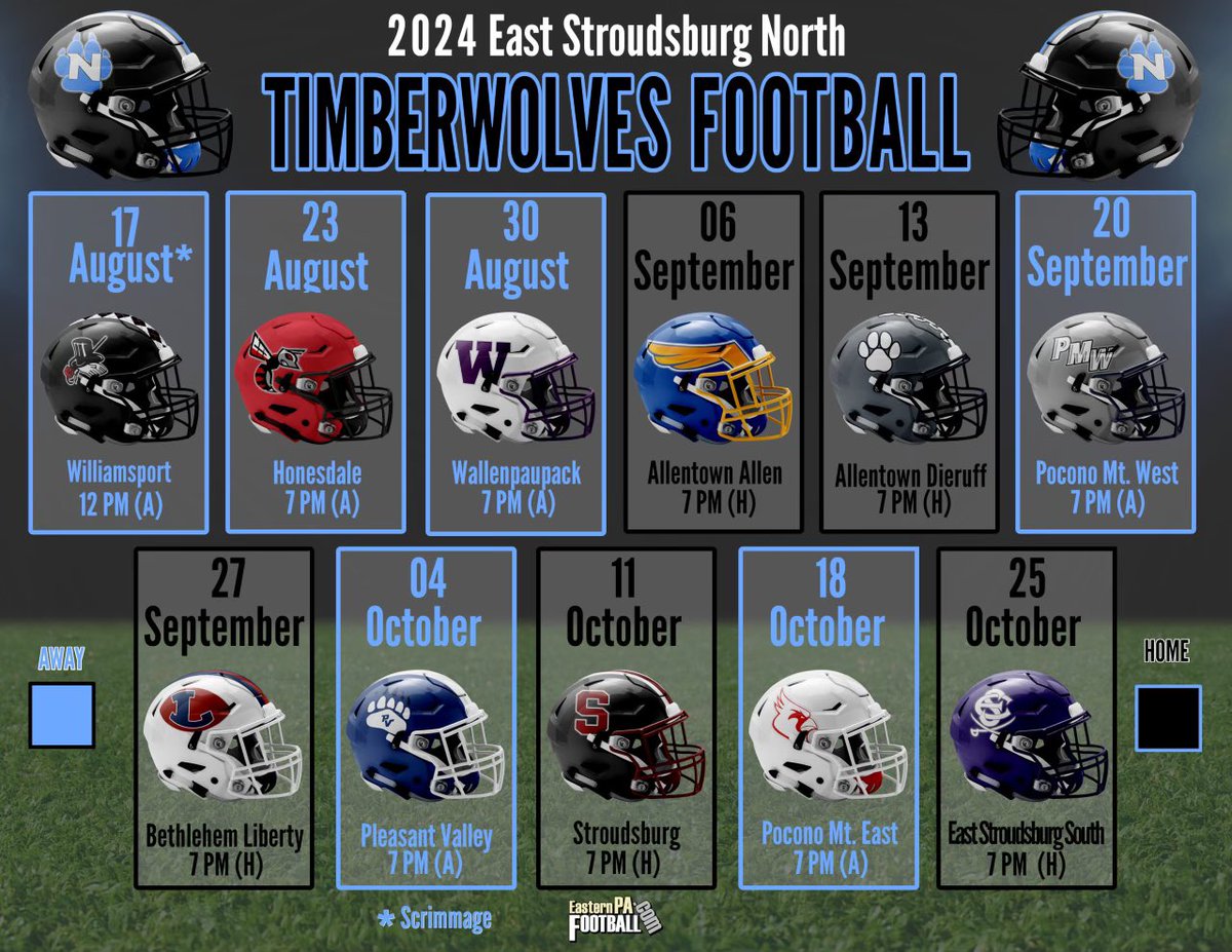Upcoming 2024-2025 East Stroudsburg North football schedule. We’re excited for this upcoming season and the direction the program is heading!! 🐺 🏈 #WelcomeToTheDen