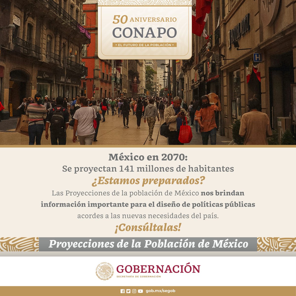 👆 Sabías que para el 2070 se proyecta que seremos 141 millones de habitantes en México, lo que representa un aumento de sólo 7.1%, respecto al 2023. Conoce más sobre las Proyecciones de la Población de México: 📲 tinyurl.com/e9d27736