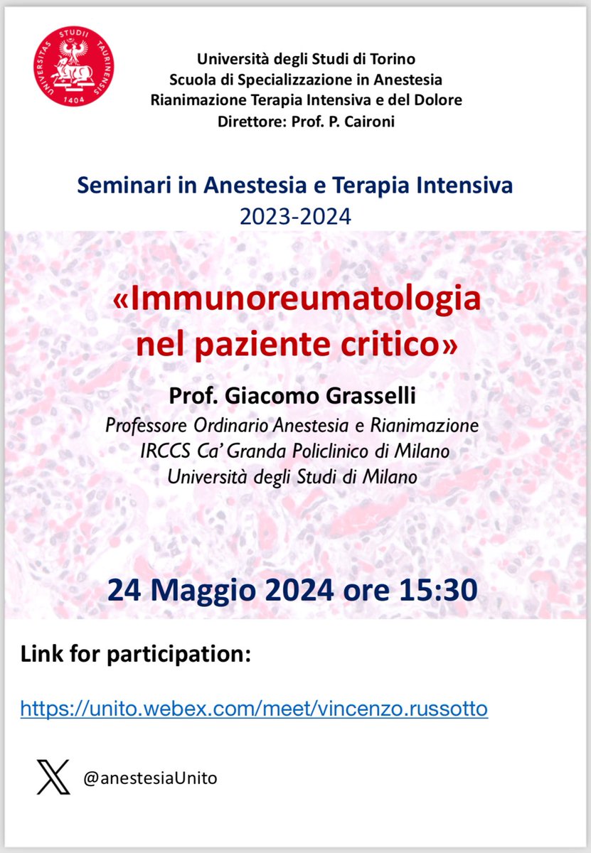 Vincenzo Russotto (@russottovin) on Twitter photo Do not miss our next lecture <a href="/anestesiaUnito/">Anesthesia&TI_Unito</a> on immuno-mediated diseases in critically ill patients! Honored to have prof Grasselli with us!
👇 free link to join below!
<a href="/CaironiPietro/">Pietro Caironi</a> <a href="/FraCollino/">Francesca Collino</a> Do not miss our next lecture <a href="/anestesiaUnito/">Anesthesia&TI_Unito</a> on immuno-mediated diseases in critically ill patients! Honored to have prof Grasselli with us!
👇 free link to join below!
<a href="/CaironiPietro/">Pietro Caironi</a> <a href="/FraCollino/">Francesca Collino</a>