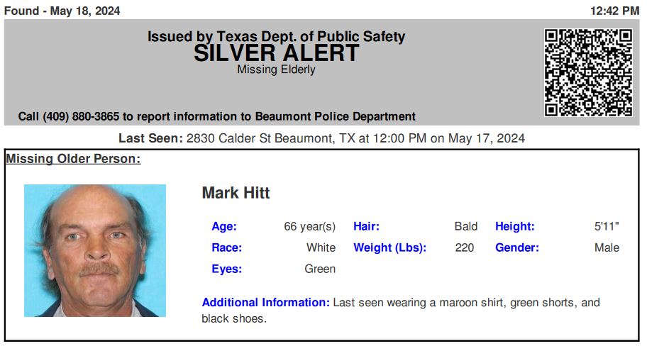 DISCONTINUED SILVER ALERT for Mark Hitt from Beaumont, TX, on 05/18/2024