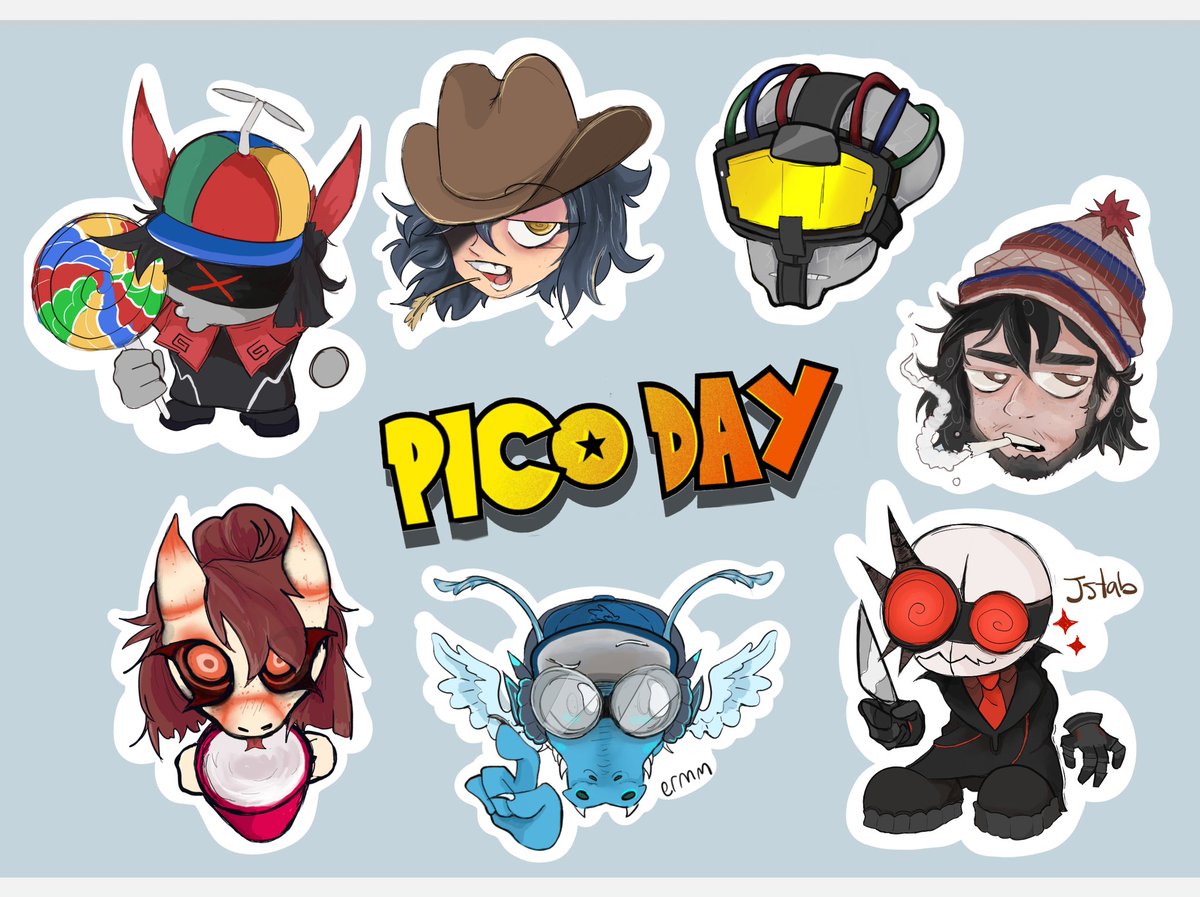 #picoday was a blassttt
Here's all the stickers I made for the ahhhh Newgrounds meetup -3-

Ft @Swferino @ShootDaCheese @LordVapeN @ZizLime @AlecsHereArts and @TheJsoull
