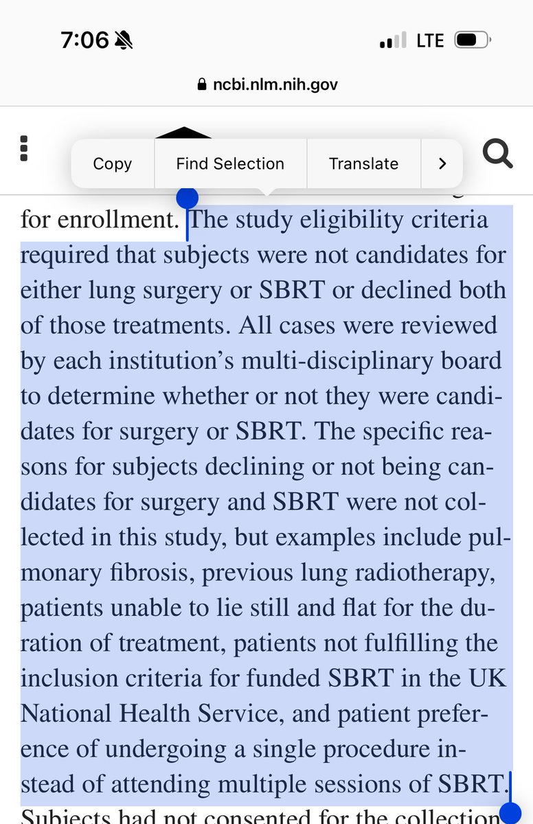 @subatomicdoc @ElliotServaisMD @StermanDaniel @_johnedwards @ShandaBlackmon @BrendonStilesMD @TomVargheseJr @BrianMitzman @LindaMThoracic @DoctorJSpicer @RajaFlores @maraantonoff @ThoraxCentre @CalvinSHNg Absolutely, I agree and am eager to see more data. The term 'who were not candidates for, or who declined, both surgery and SBRT' could be clearer. Further, the notion that multiple sessions of SBRT is required for peripheral tumors might not be as relevant nowadays. There's