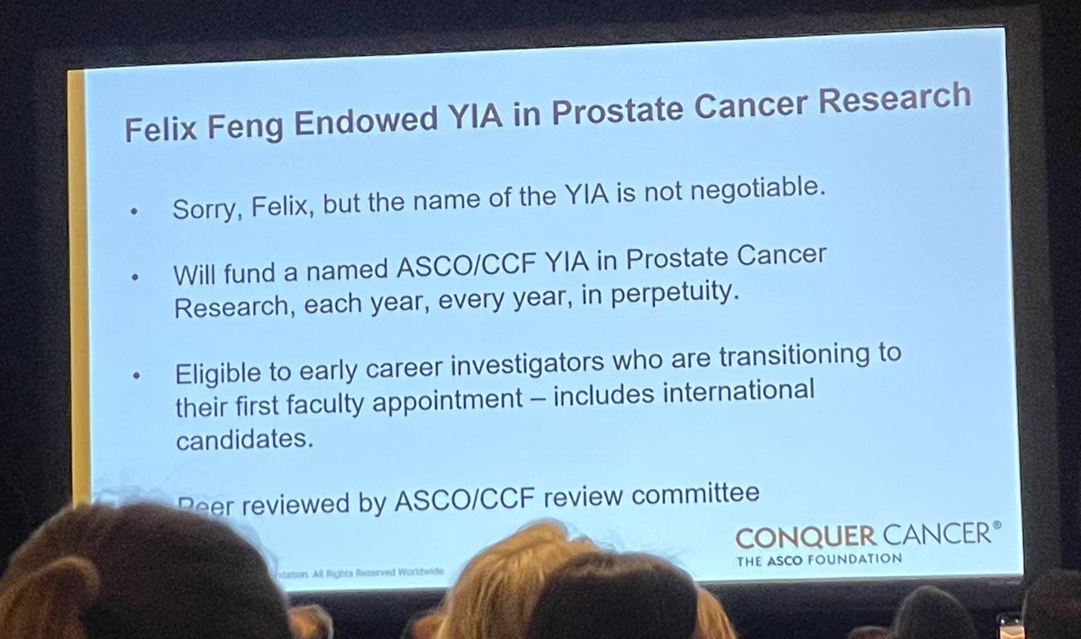 A momentous announcement from @ASCO @ASCOPres-Elect #EricSmall — the newly established @ConquerCancerFd Felix Feng Young Investigator Award. Standing ovation in the room. Donate to the new #FelixFengYIA here: p2p.conquer.org/uniteandconque…