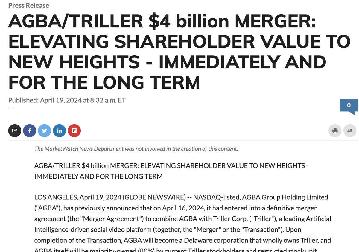 $AGBA Posted $4 Billion Merger cutt.ly/VerEedL8 $BCA $WFC $INTR $FITB $NYCB $BANF $HBAN $INDB $GGAL $LYC $C $ITUB $VLY $MNY $VVPR $SHOT #NASDAQ #AI #wsj #nytimes #business #reuters #IHub_StockPosts #forbes #marketwatch #cnn #bet #foxnews #latimes #Crainschicago #usatoday