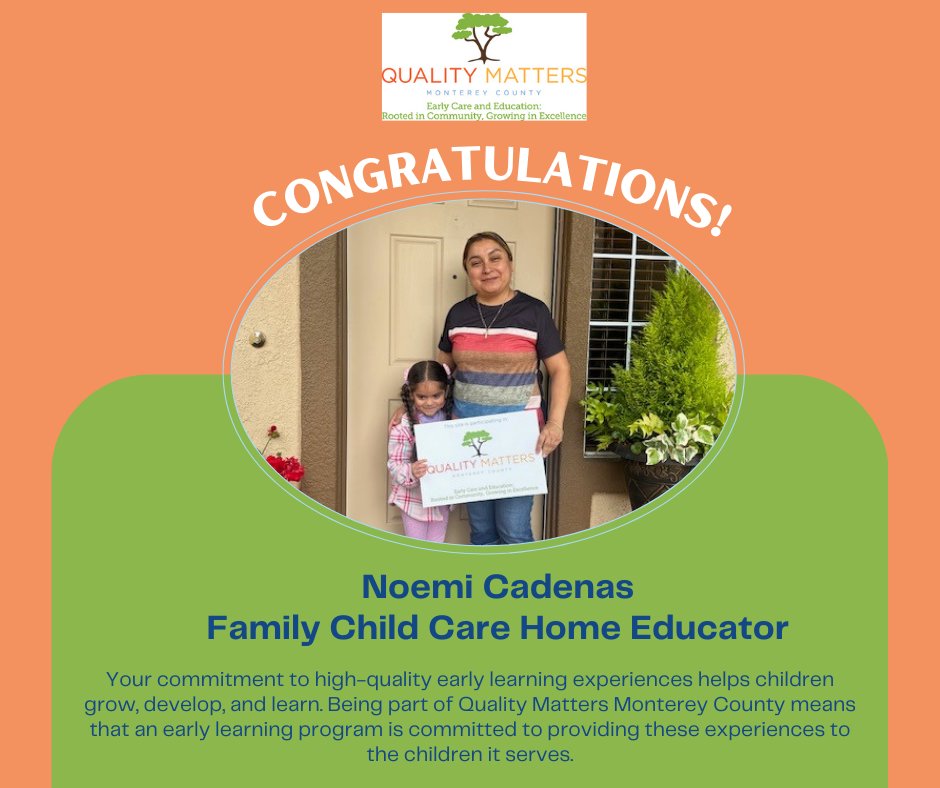 Congratulations to Noemi Cadena! Once a family child care program is recognized for meeting its continuous improvement goals, it commits to evidence-based standards for all children enrolled in its program from ages birth to age 12.