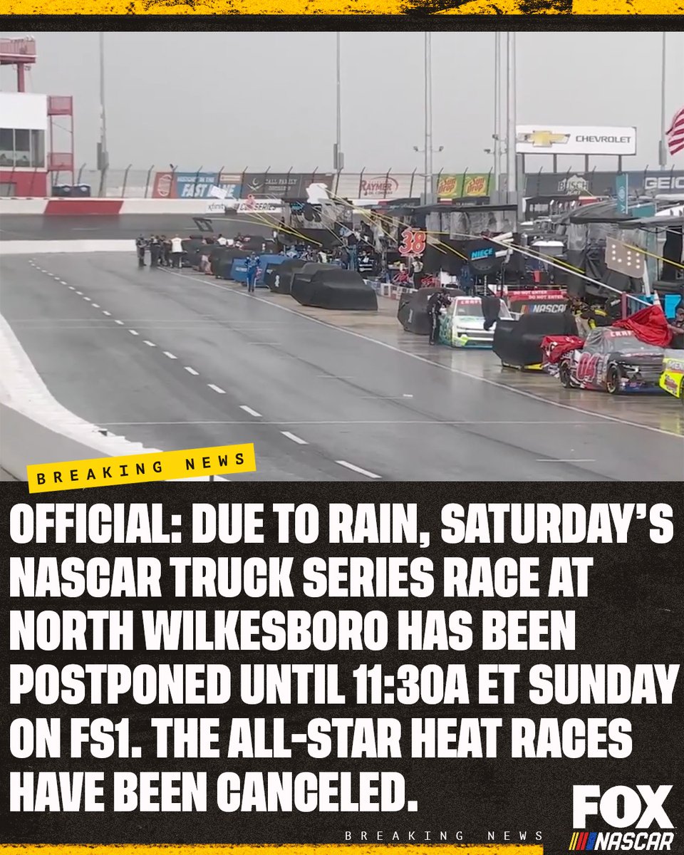 OFFICIAL: Trucks will resume tomorrow at 11:30a ET on FS1. The All-Star Heat Races have been canceled. The lineup will be set by Saturday's qualifying results. Joey Logano will lead the field to green at North Wilkesboro.