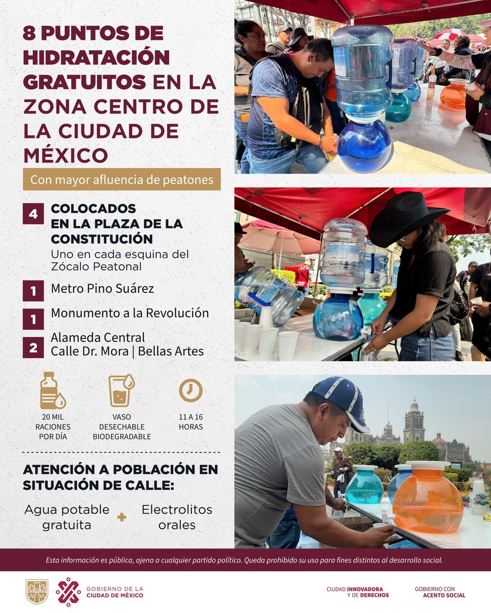 En conferencia de prensa, el #JefeDeGobierno, @martibatres, informó que, debido a las altas temperaturas, en colaboración con @CDMX_SIBISO, se instalaron 8 puntos de hidratación gratuitos en la zona centro de la Ciudad de México, distribuidos de la siguiente manera: