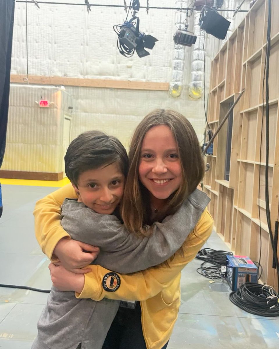Max Matenko on set with his sister, Ruby, yesterday (5/17)