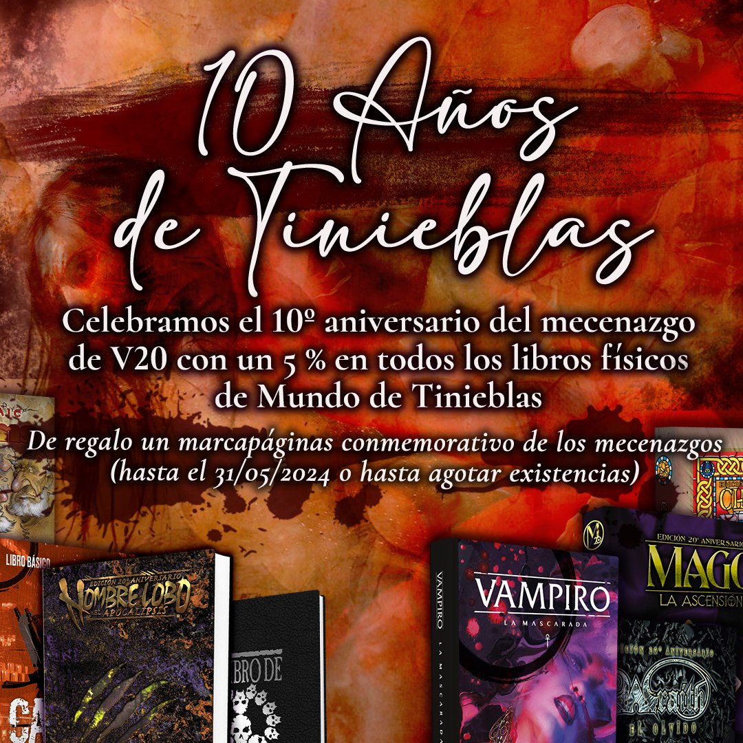 Tu Dominio es tu responsabilidad Celebramos el 10.º Aniversario de #VampiroV20 con regalos, sorpresas y 5% de descuento en las líneas #MundoDeTinieblas 🩸 Más info en: i.mtr.cool/jokeaumwhd ¡Hasta fin de existencias o el 31 de mayo!