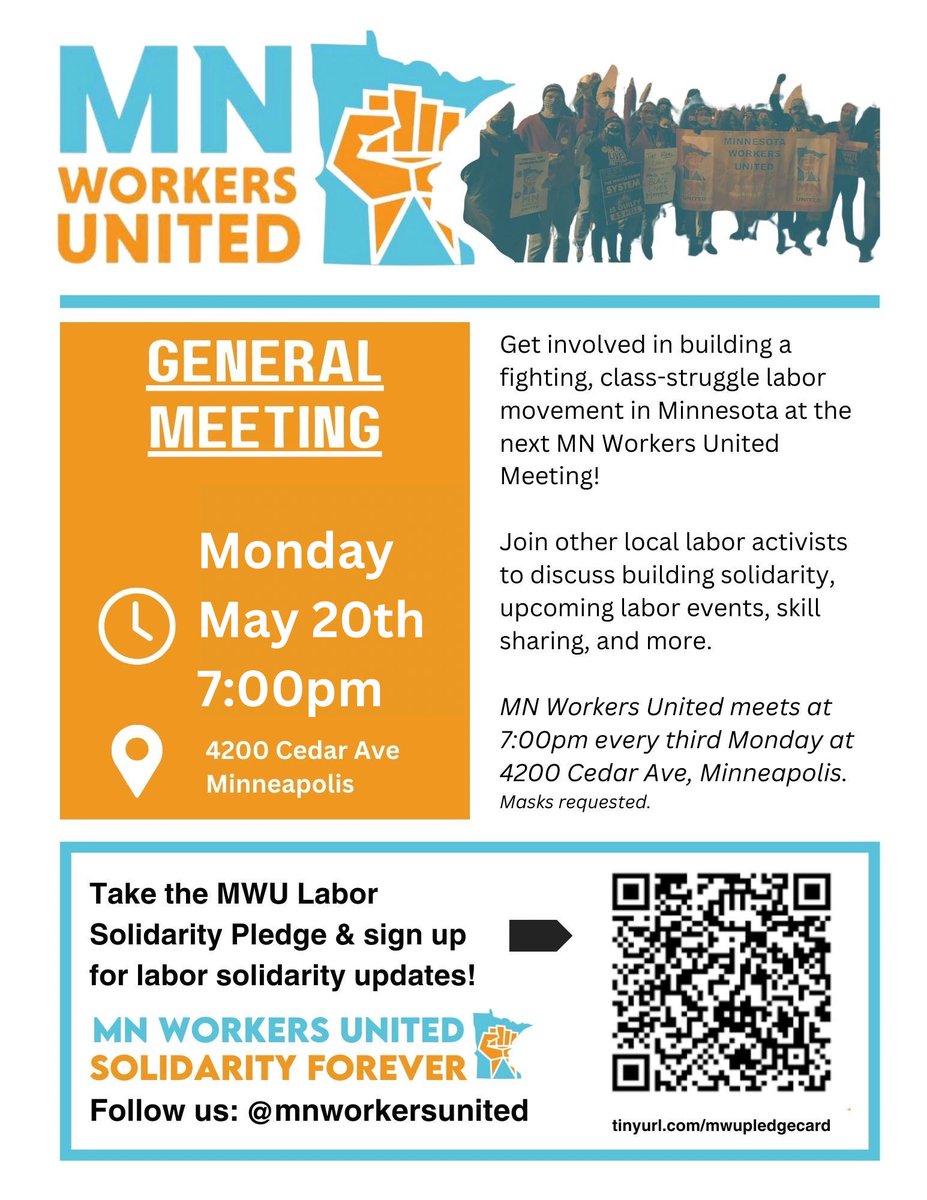 MNWorkersUnited's tweet image. JOIN THE LABOR MOVEMENT✊

MN Workers United is holding our monthly meeting this Monday at 7pm at 4200 Cedar Avenue! Come help us organize labor solidarity in the Twin Cities and beyond!

#1u #UnionStrong #LaborMovement #Solidarity