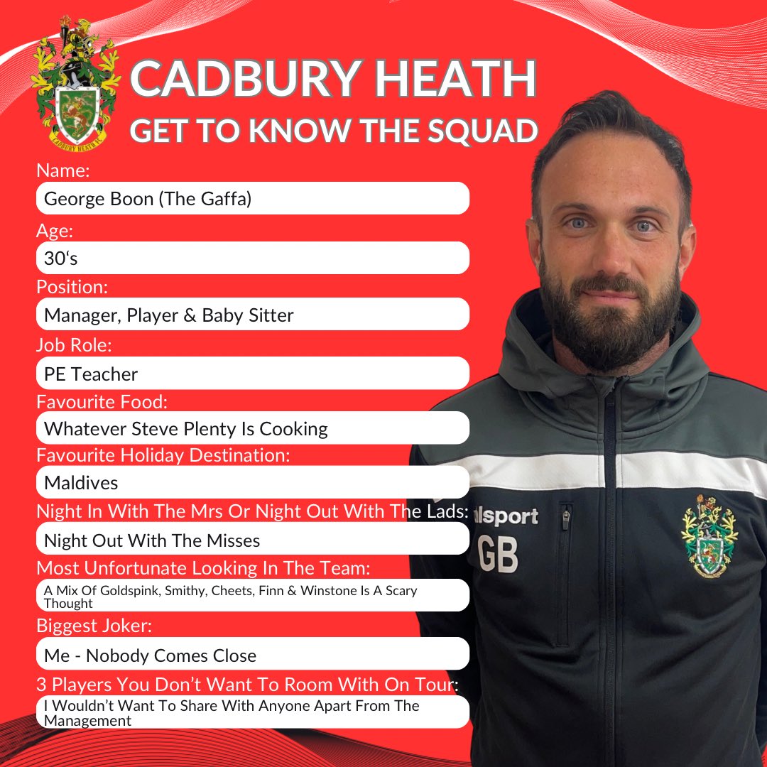 ❓| Get To Know This one needs no introduction, the man at the helm, the feeder of 499 of @MattHuxley3’s 500 goals, our Gaffer George Boon! 👏🏻 #UpTheHeath⚪️🔴 #GetToKnow #FactFinder #assistant #BristolFootball | @swsportsnews @westcountryfb