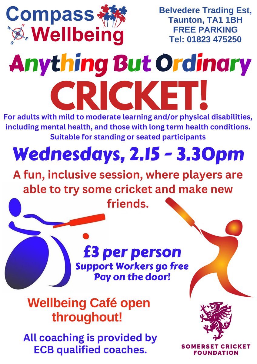 Compass Disability Services (@compassdis) on Twitter photo Thanks to the <a href="/SomCricketFDN/">Somerset Cricket Foundation 🏏</a> you can now join many others around the county accessing Cricket through their Discovery Project, including Anything But Ordinary Cricket at Compass Wellbeing. facebook.com/groups/1596041…
#CricketForAll #Inclusion <a href="/emily_vickery97/">Emily Vickery</a> Thanks to the <a href="/SomCricketFDN/">Somerset Cricket Foundation 🏏</a> you can now join many others around the county accessing Cricket through their Discovery Project, including Anything But Ordinary Cricket at Compass Wellbeing. facebook.com/groups/1596041…
#CricketForAll #Inclusion <a href="/emily_vickery97/">Emily Vickery</a>