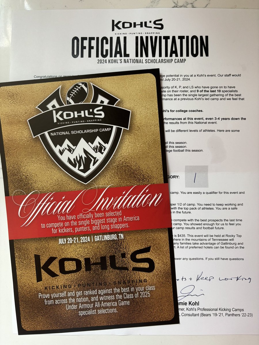 Thank you @KohlsKicking for the invite to Gatlinburg, grateful to be put against the best in America. Let’s work! @PCC_FOOTBALL @RonFuchsCC @AdamSciulli @CoachLehmeier
