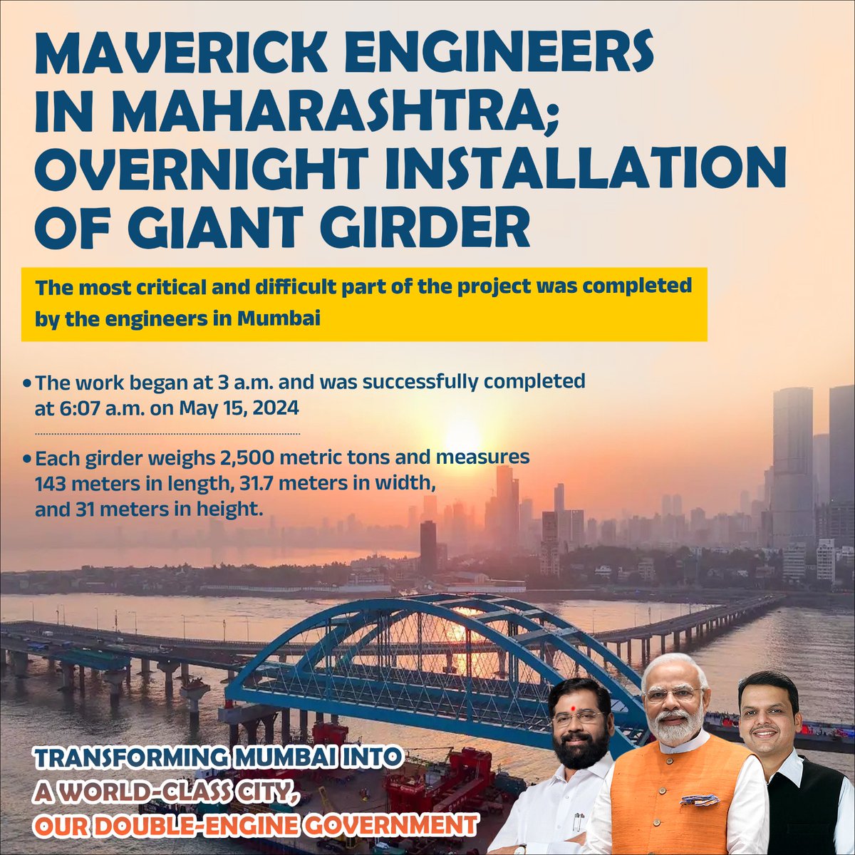 Mumbai engineers achieve the impossible with the installation of a 2,500-ton girder overnight. A testament to Maharashtra's engineering prowess under CM Eknath Shinde's dynamic leadership. #UrbanDevelopment #MaharashtraModel