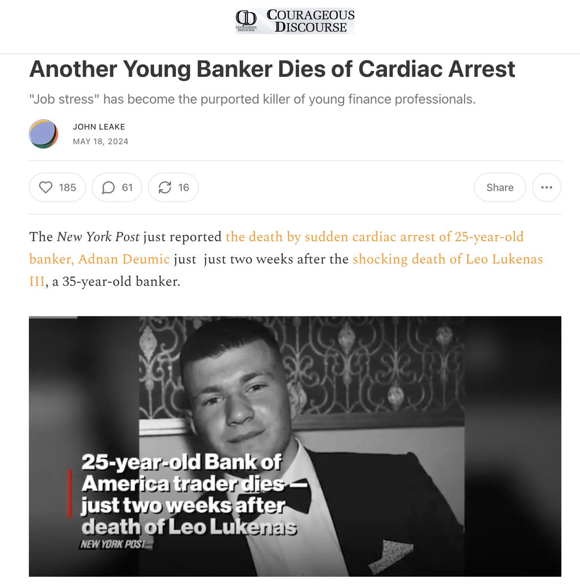 Sudden cardiac deaths of young adults are being normalized and attributed to 'job stress'. Courageous Discourse: petermcculloughmd.substack.com/p/another-youn… #MFScholar @P_McCulloughMD