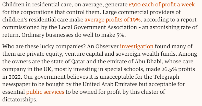 Gulf state sovereign wealth funds and private equity are making considerable profits from controlling chldren's residental care Local councils are getting finessed Insane
