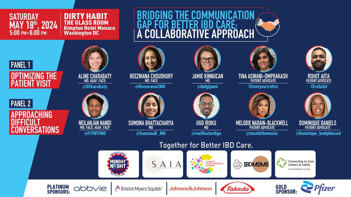 #DDW2024 Can’t wait to (re)-connect w GI & #IBD colleagues, advocates & friends! 🔔Don’t miss this 🌟collab & networking event tonight @DirtyHabitDC 5-8pm Let’s bridge the gap in communication & enjoy 🍡🍹together @MondayNightIBD @southasianIBD @colorofgi @IBDMoms et al.