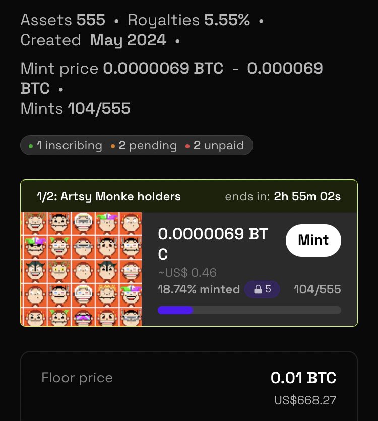 Loving the UI at Ordzaar. ONLY 3 HOURS to go for these FREE Pixel Monke Bitcoin Ordinals 🟧👀. It's going to get VERY interesting after that when EVERYONE has access to MINT them. Floor at 0.01BTC 👀 Very interesting 🧐