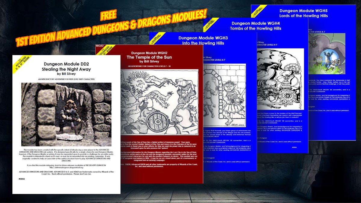 Greetings friends!  Would YOU like FIVE completely free 1st Edition Advanced Dungeons & Dragons modules RIGHT NOW?  TODAY?  A fully realized solo module complete with maps?  A deadly trap-filled desert adventure seeking a fabulous artifact in the World of Greyhawk? A three module