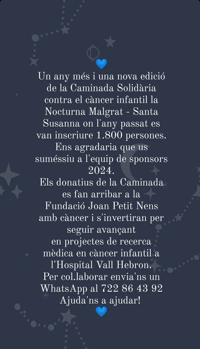 Ass. Nocturna Malgrat de Mar (@nmalgrat) on Twitter photo Si tens una empresa i vols col·laborar amb la #nocturnamalgrat2024 contra el càncer infantil, envia'ns uns WhatsApp.
El 24 d'agost, ajuda'ns a ajudar! 💙
#malgratdemar #santasusanna <a href="/AmicsJoanpetit/">Amics Joan Petit</a> <a href="/vallhebron/">Vall d'Hebron</a> <a href="/CCBD_VHResearch/">CCBD_VH Research Group</a> Si tens una empresa i vols col·laborar amb la #nocturnamalgrat2024 contra el càncer infantil, envia'ns uns WhatsApp.
El 24 d'agost, ajuda'ns a ajudar! 💙
#malgratdemar #santasusanna <a href="/AmicsJoanpetit/">Amics Joan Petit</a> <a href="/vallhebron/">Vall d'Hebron</a> <a href="/CCBD_VHResearch/">CCBD_VH Research Group</a>