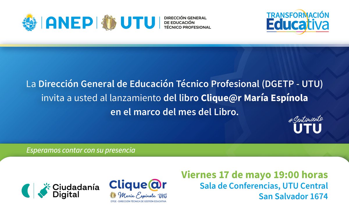 Ayer se presentó libro que reúne experiencias del programa #Clique@r con foco en identidad y convivencia juvenil en centros de <a href="/UTU_Uruguay/">UTU</a> sobre la figura de María Espínola.
Felicitaciones <a href="/Natacha_2809/">Natacha Valentini</a> y equipo de #AprenderTodos de <a href="/dpduruguay_/">Desarrollo Profesional Docente</a> por el trabajo conjunto !!