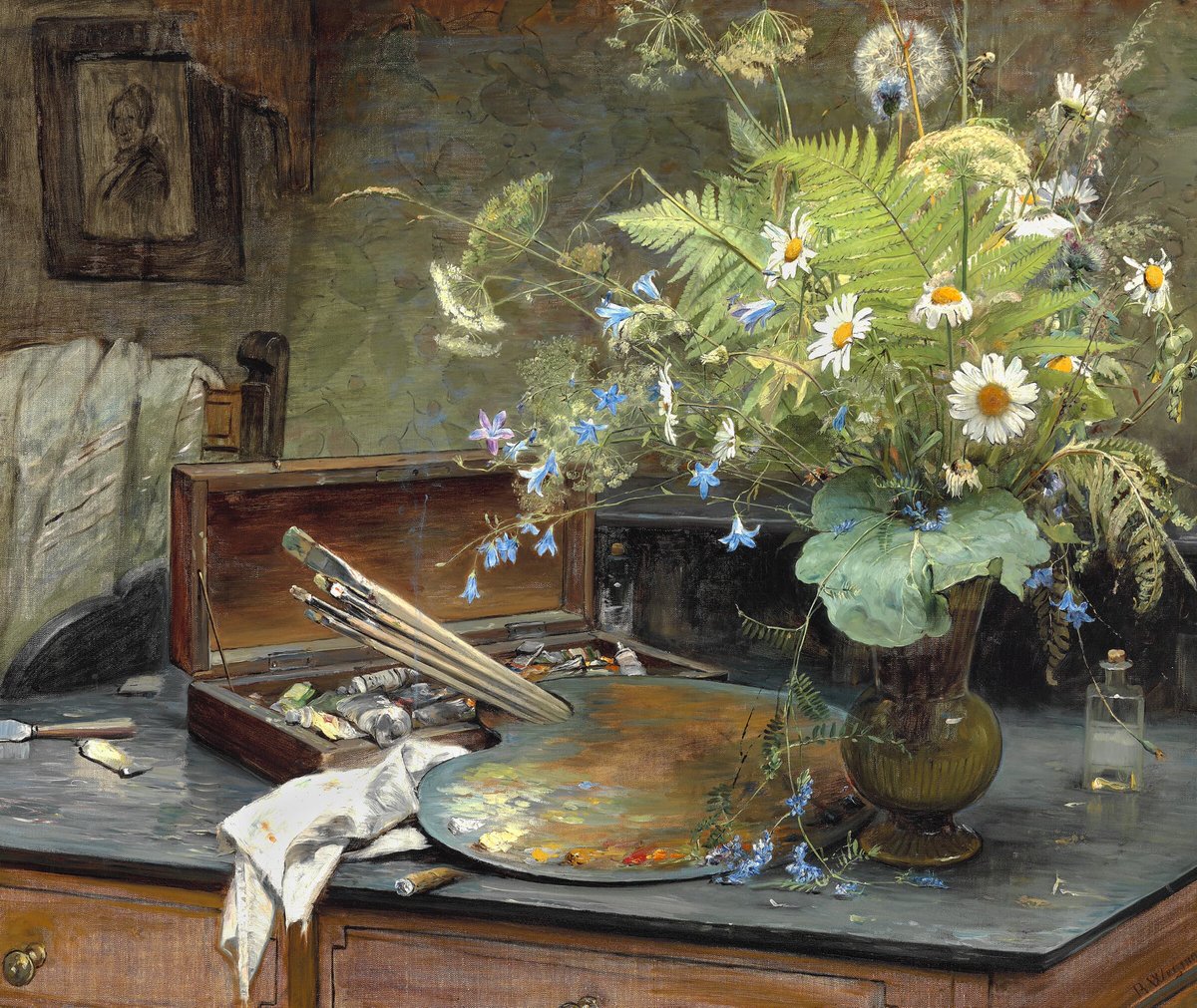 🎨Bertha Wegmann (1847 - 1926) Interior with a bunch of wild flowers