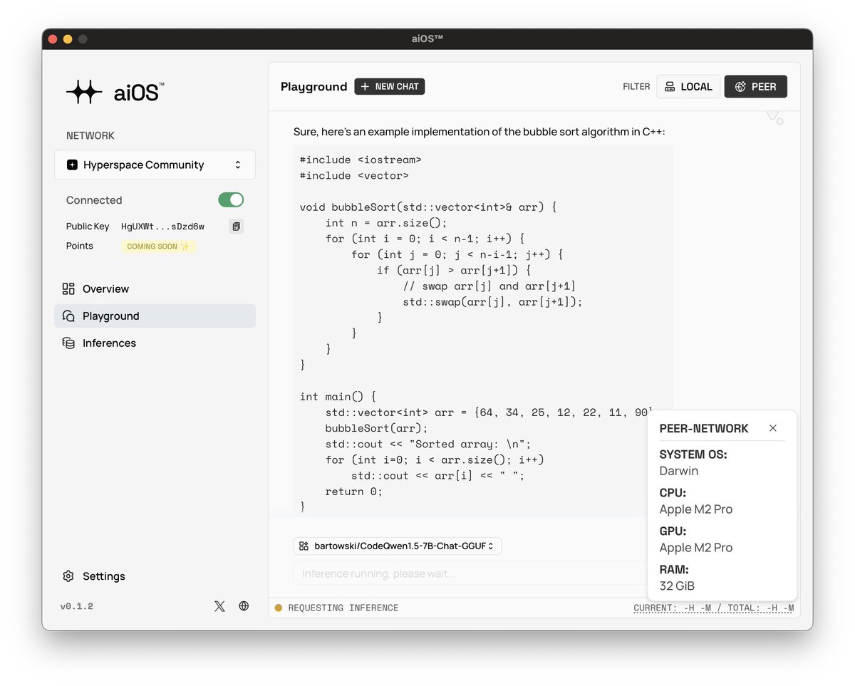 This world works today: 
✅ Run a model on a peer-to-peer network, on a random consumer machine. Just like BitTorrent. 

🙏 You don't have a critical need on OpenAI, Anthropic, Perplexity, Rabbit, Devin, Hugging Face, etc.

It just works.