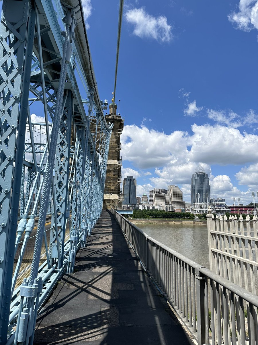 Walking over the Roebling Bridge (same man who designed the Brooklyn Bridge 2 yrs after building this one over Ohio River).

As I stopped at entrance, a couple walks by and goes “Are you scared to go to Ohio?” Funniest thing I’ve heard this week. #Covington #Cincinnati