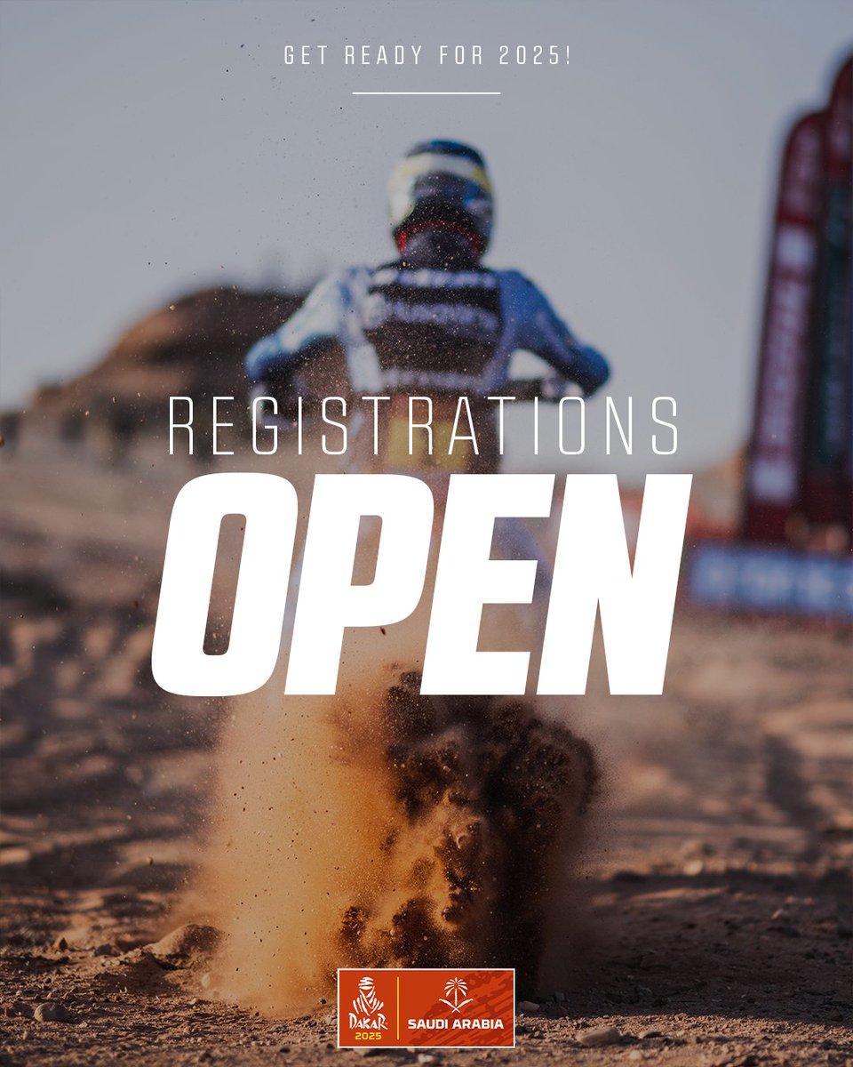 📣 BREAKING NEWS ✍️ Registrations for 2025 are now open ➡️ register.dakar.com/Logon.aspx?lan… 𝗝𝗼𝗶𝗻 𝘂𝘀, 𝗗𝗿𝗲𝗮𝗺. 𝗗𝗮𝗿𝗲. 𝗟𝗶𝘃𝗲 𝗶𝘁! Between you and me, a surprise awaits the first registrant in each category, we're waiting for you! So, will you be there? 👇 #Dakar2025