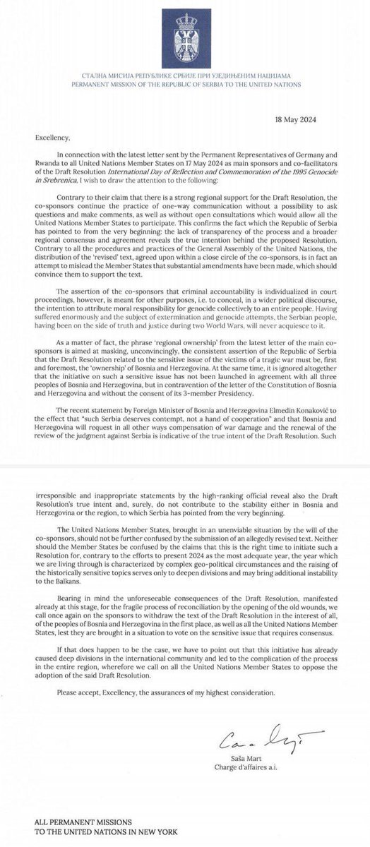 The Republic of Serbia urgently calls on all the @UN United Nations Member States to oppose the adoption of the Draft Resolution “International Day of Reflection and Commemoration of the 1995 Genocide in Srebrenica”.