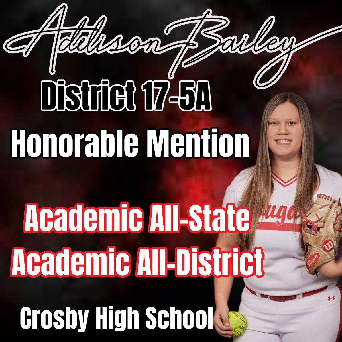 Congratulations to Addison Bailey, our Arlington Baptist commit, on her district honors. We are proud of her resilience and can't wait to have her in the circle this summer!
⭐️ Honorable Mention All-District
⭐️ Academic All-State
⭐️ Academic All-District