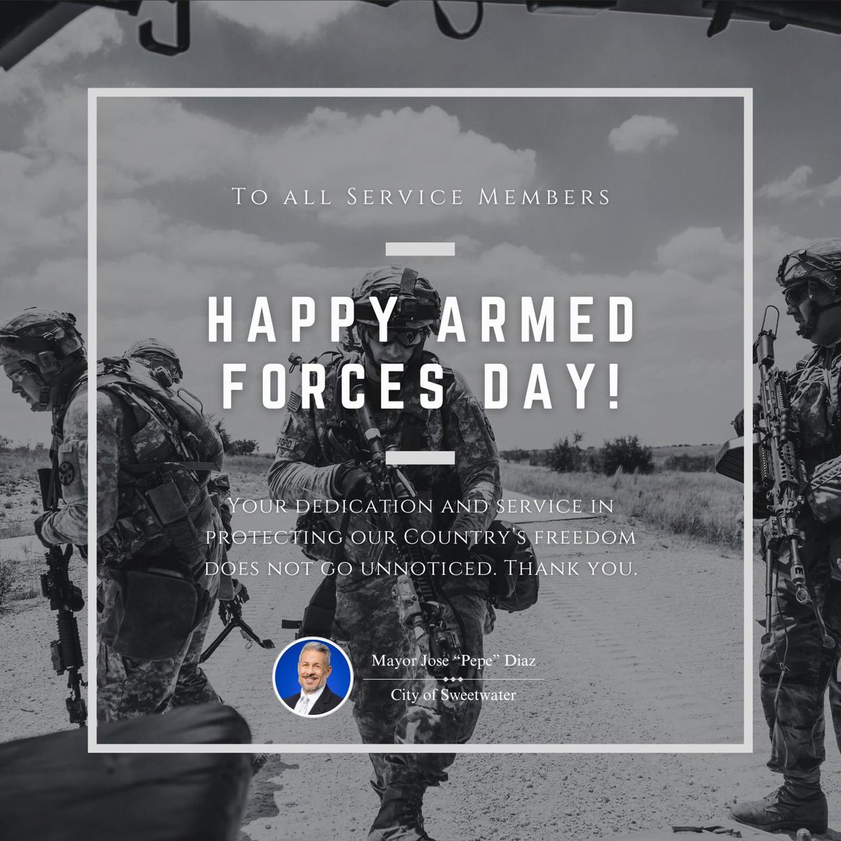 Today we honor the brave service men and women of America’s Armed Forces. Your dedication and service in protecting our Country’s freedom does not go unnoticed. Thank you.

#armedforcesday #honorourheroes #serviceandsacrifice #mayorjosepepediaz #josepepediaz305