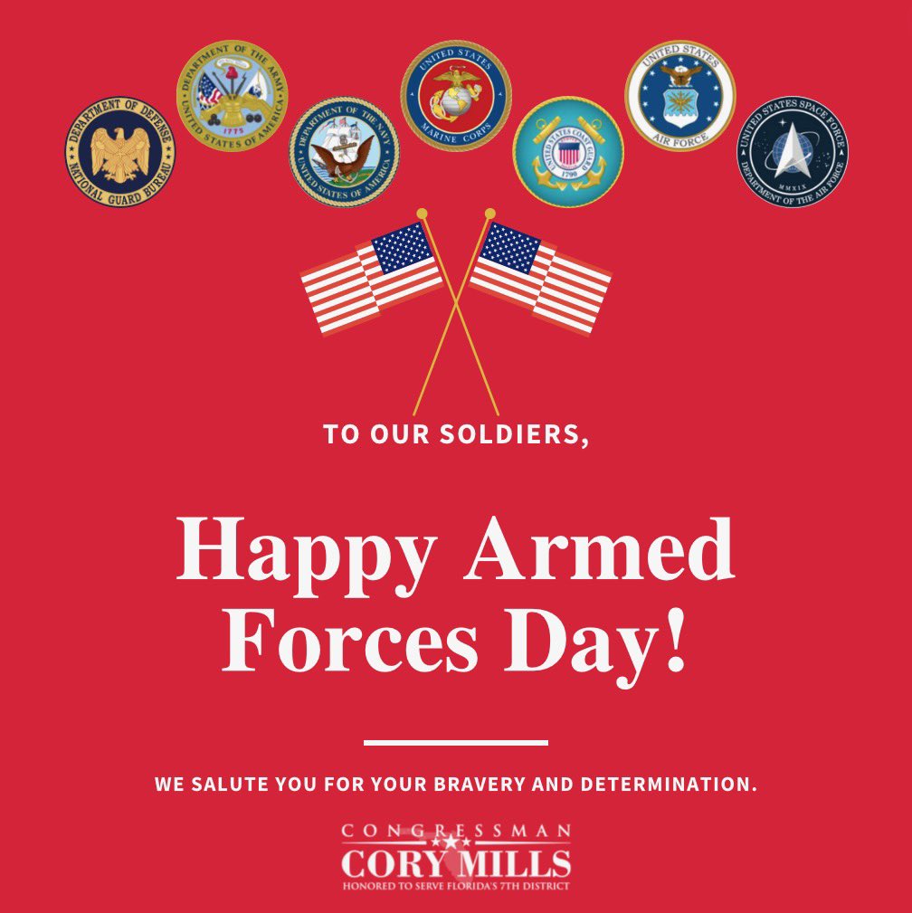 Happy Armed Forces Day! 

As a proud combat veteran, I wanted to take a moment to recognize and thank those wearing the uniform across all branches of the military. We thank them for their service and commitment to safeguarding our constitutional republic. 

I salute our service