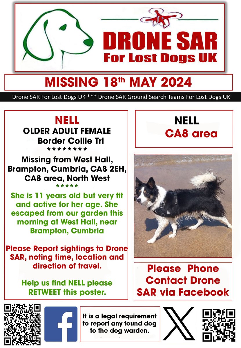 #LostDog #Alert NELL
Female Border Collie Tri (Age: Older Adult)
Missing from West Hall, Brampton, Cumbria, CA8 2EH, CA8 area, North West on Saturday, 18th May 2024 #DroneSAR #MissingDog