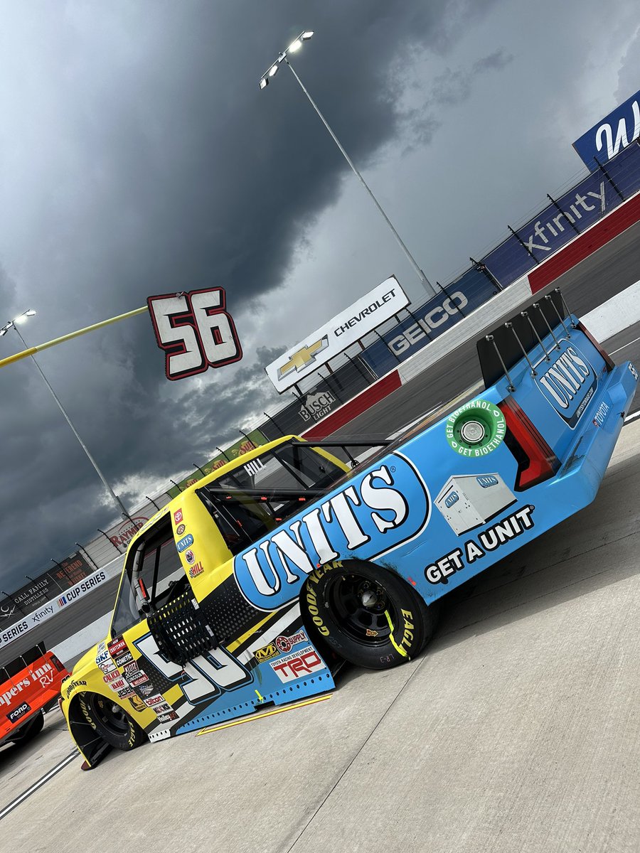 We are currently under a lightning hold with dark clouds lurking. @TimmyHillRacer currently sits 30th -1 laps down. He will be looking for some adjustments to help tighten him up when we go back racing.