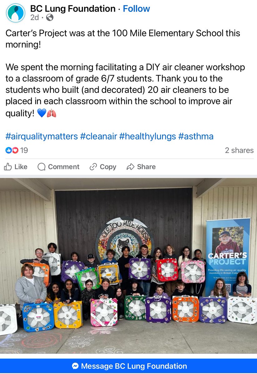 This is a great initiative. Not only do these boxes provide clean air against wildfire smoke, they also protect people against airborne viruses, like COVID19, flu, RSV, Measles, etc. @BCLungFdn Could you please get this campaign going in every school district? #CleanAirMatters