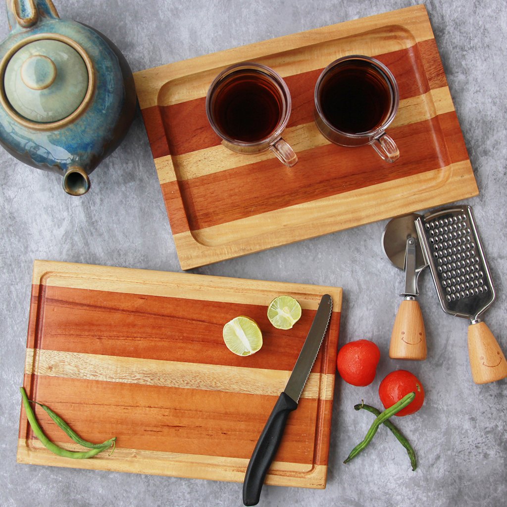 Elevate your kitchen with timeless elegance! ✨ This stunning Birch and Mahogany chopping board and tray set is not just beautiful, it's built to last. Add a custom message, name, or initials for a truly special touch. #choppingboard #tray #personalizedgift #woodgeek