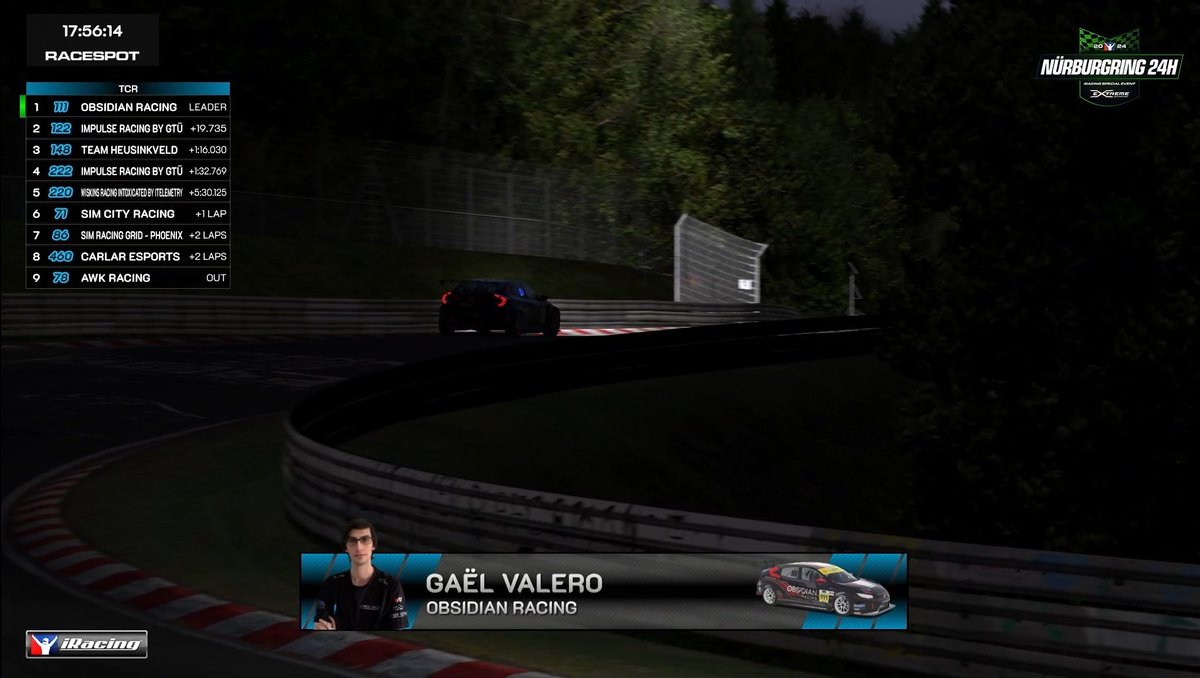 Obsidian Racing (@obsidianracing) on Twitter photo The first quarter of the race is completed and things are looking good! We're leading the TCR class with a quite comfortable gap.
#iRacing #Nurburgring24 The first quarter of the race is completed and things are looking good! We're leading the TCR class with a quite comfortable gap.
#iRacing #Nurburgring24