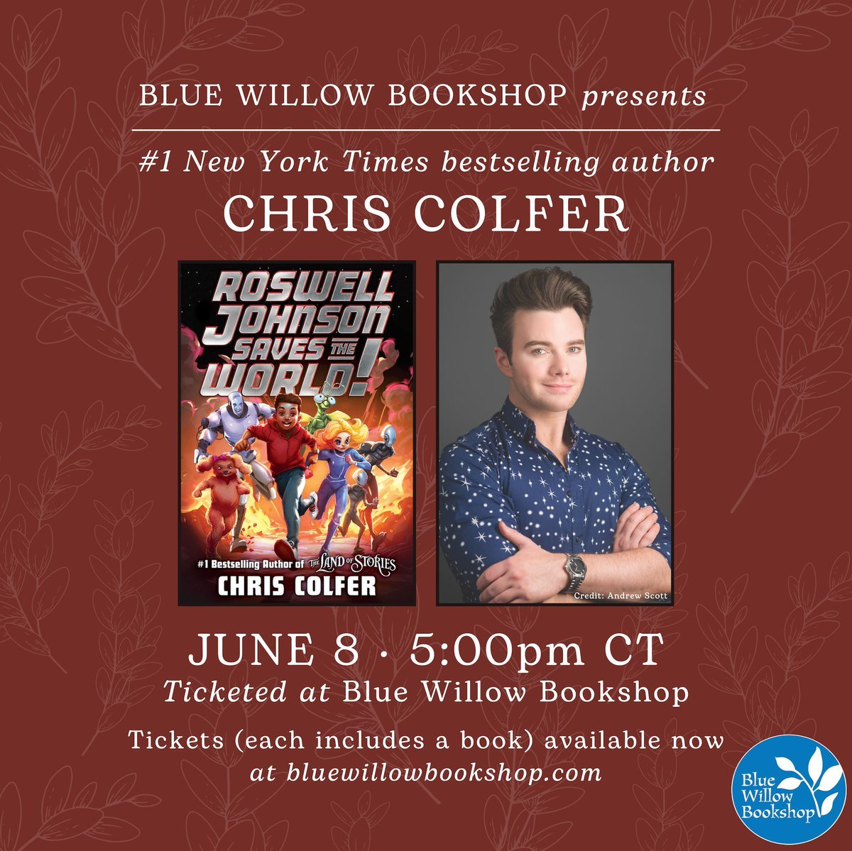 📣 Meet @chriscolfer in #Houston! Get your ticket to meet #1 NYT bestselling author and Golden Globe-winning actor Chris Colfer and have your copy of his new book, ROSWELL JOHNSON SAVES THE WORLD, signed! 😍 Tickets and details: bluewillowbookshop.com/event/colfer-2… @LittleBrownYR